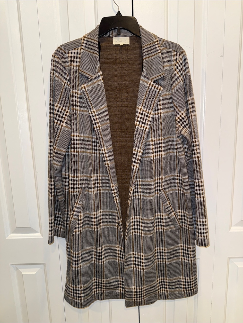 MELLODAY Gray and Tan Plaid Open-Front Blazer